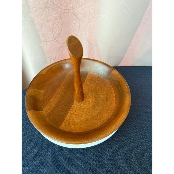 Vintage Mid Century Walnut Wood Middle Carry Handle Tray 8" - Picture 2 of 6